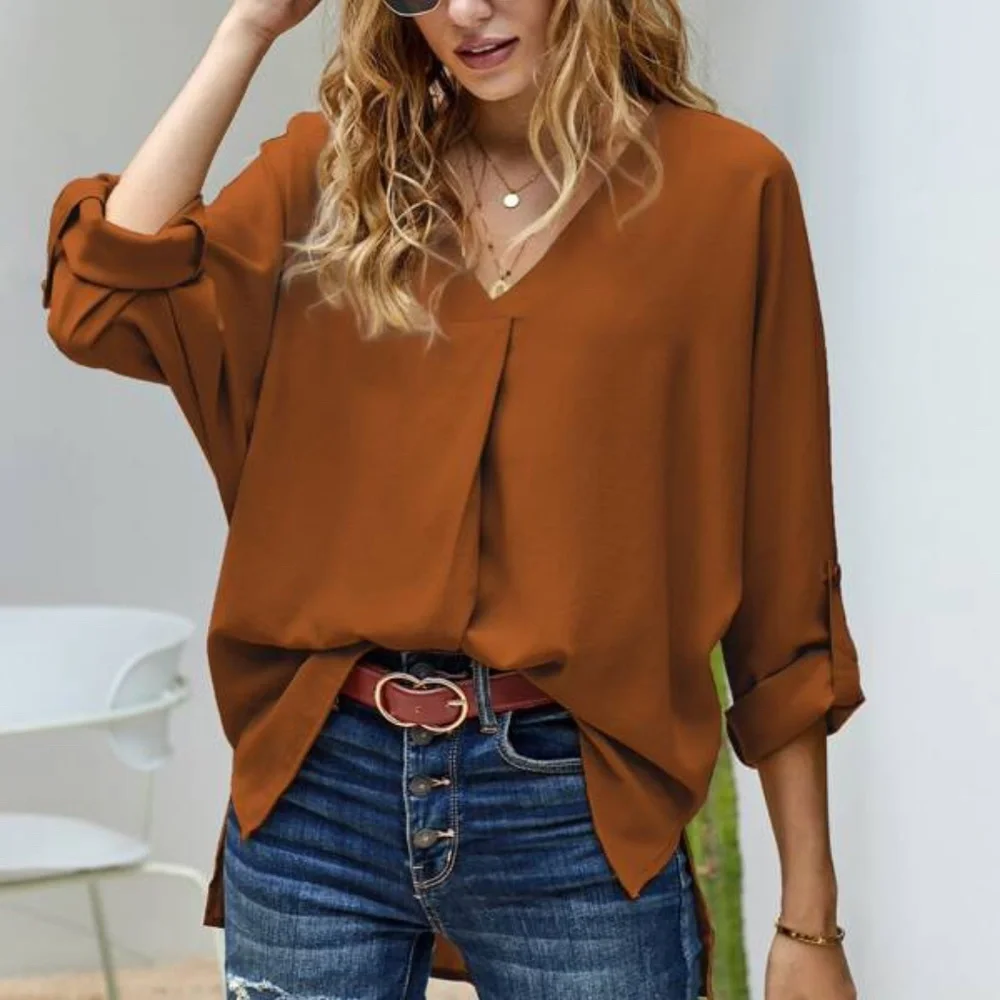 Burgundy V neck High Low Top Classic Minimalist Work Office - Picture 9 of 13